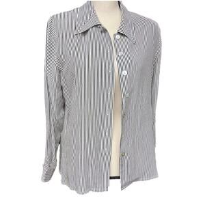 Vintage Women's 8 petite 100% Silk black white stripe button down long sleeve